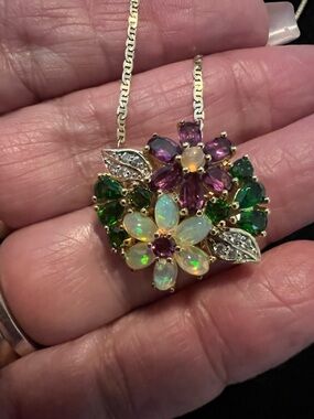 Ethiopian Opal, Rhodolite Garnet & Chrome Diopside, Topaz Floral 10K RL Necklace